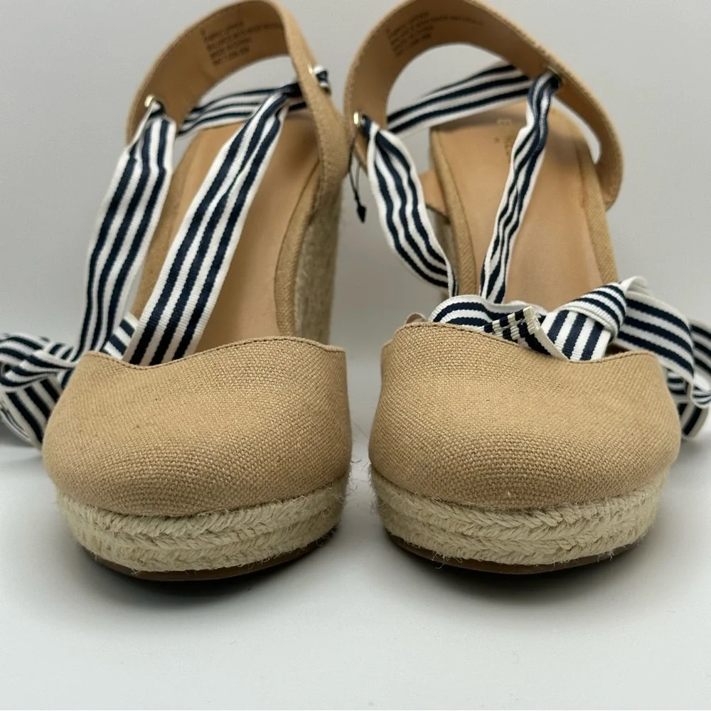 EXPRESS espadrille wedge Black/white Ribbon Ankle Wrap Fabric Tan size 9…